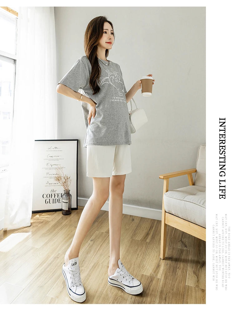 Summer Korean Style Pregnant Woman Ice Silk Shorts Knee-length Adjustable Waist Solid Color Maternity Wide Legs Straight Shorts