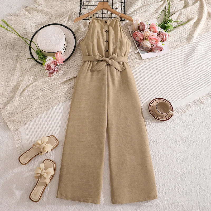 Girls 8-12 Casual Khaki Jumpsuit, Halter Neck Twist Front Sleeveless & Elastic Waist Wide Leg Pants, Daily Kids Outfit