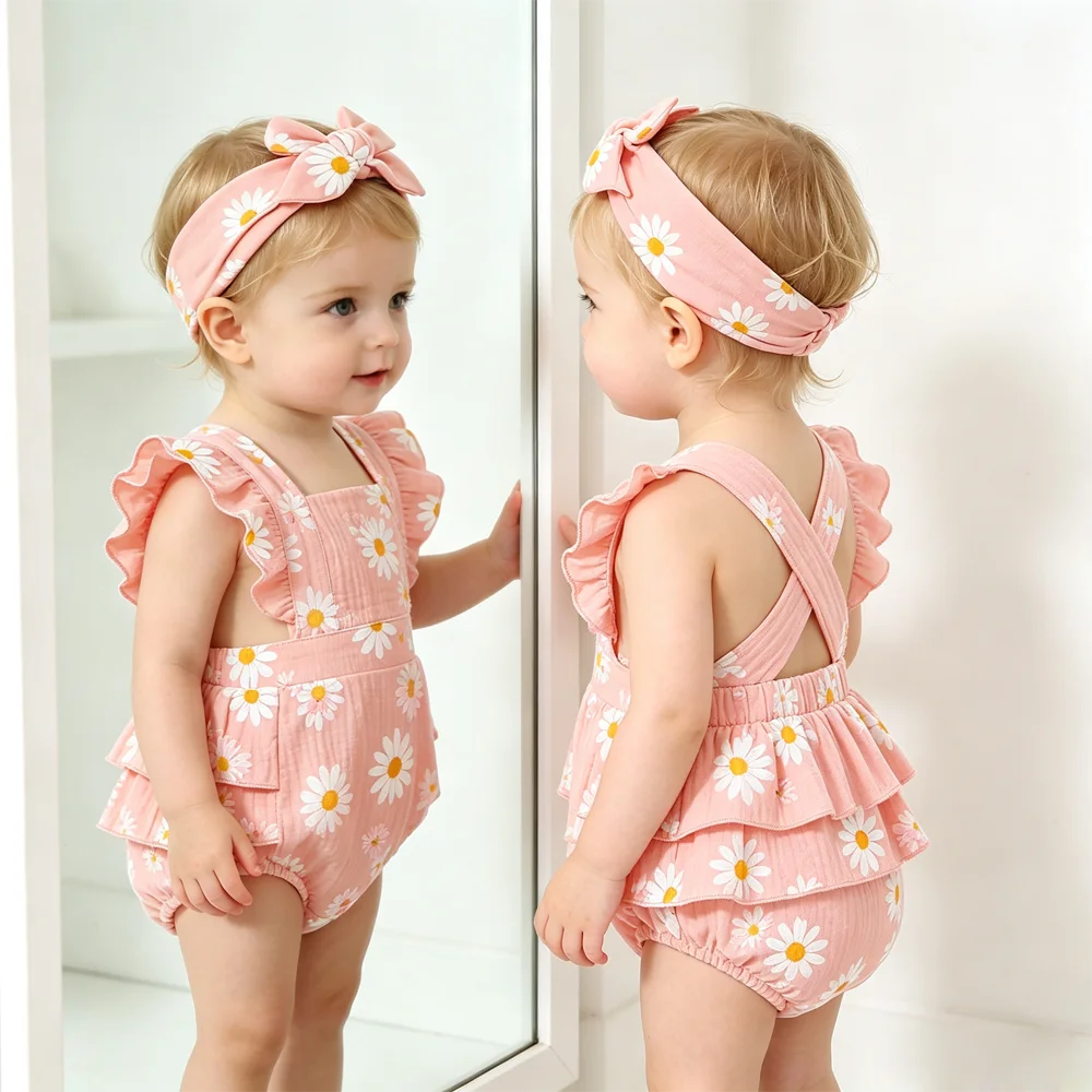 Baby Girl 2Pcs Summer Outfit Daisy Print Ruffle Flutter Sleeve Backless Romper with Headband Cute Infant Set for Daily Wear