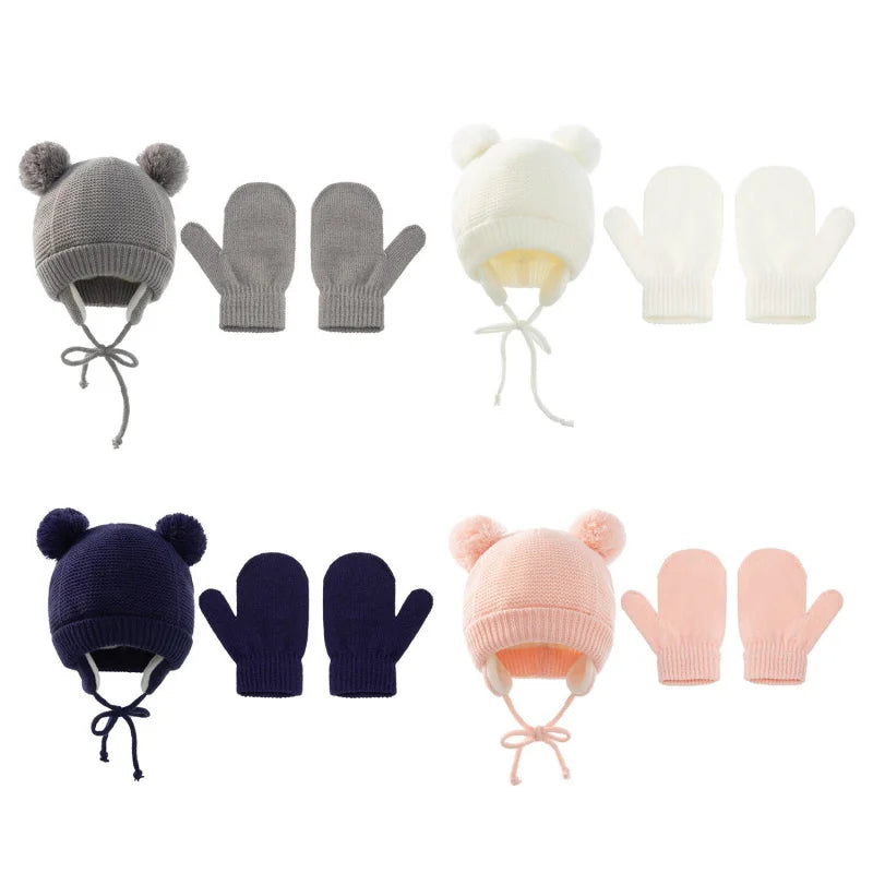 Cross-Border Baby Hat Two-Piece Set Knitted Hat Gloves Foreign Trade Classic Style Warm Hat Gloves Set for Children