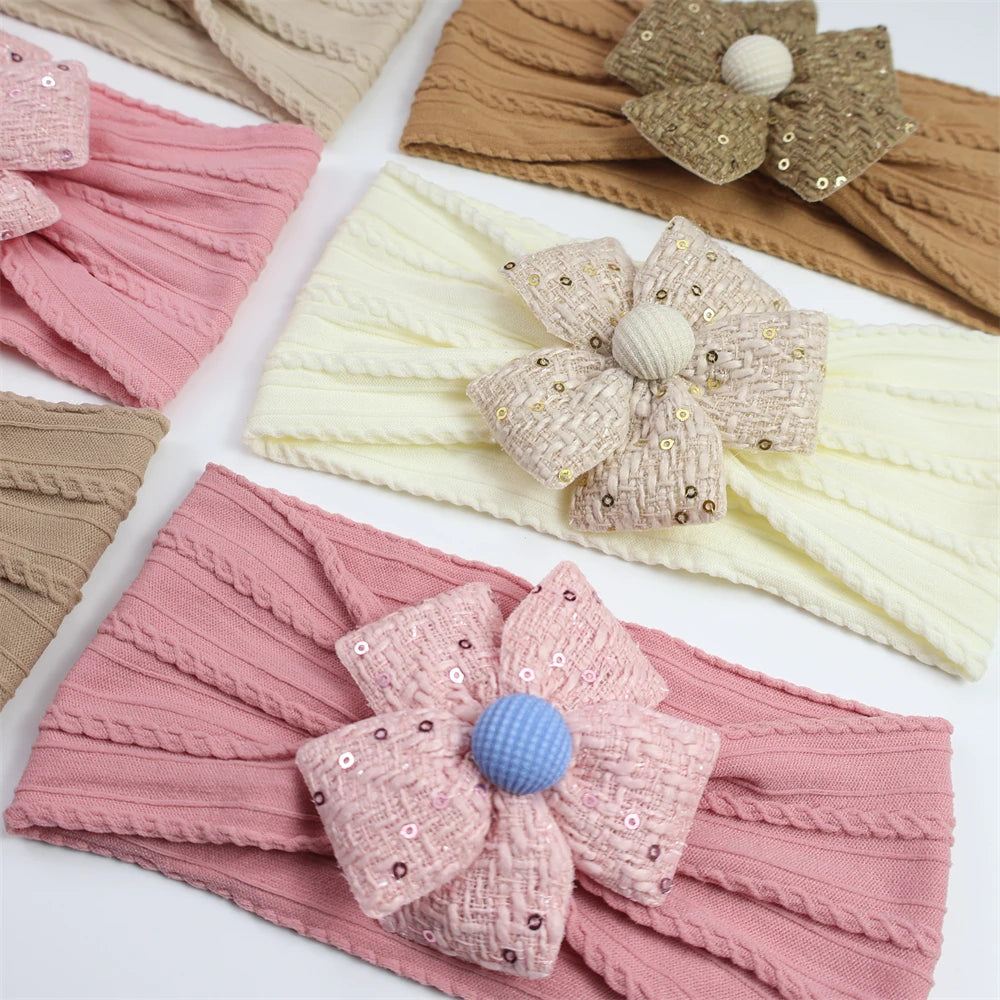 2026 New Arrival Baby Girl Flower Headband Soft Nylon Elastic Turban Sequin Tweed Bow Newborn Hairbands Toddler Hair Accessories