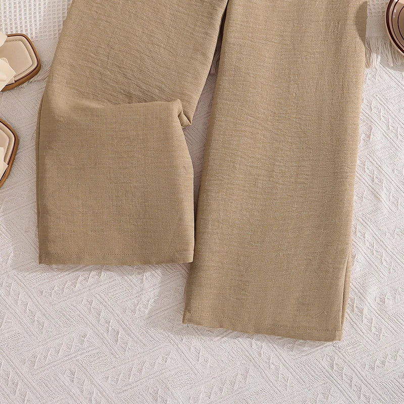 Girls 8-12 Casual Khaki Jumpsuit, Halter Neck Twist Front Sleeveless & Elastic Waist Wide Leg Pants, Daily Kids Outfit