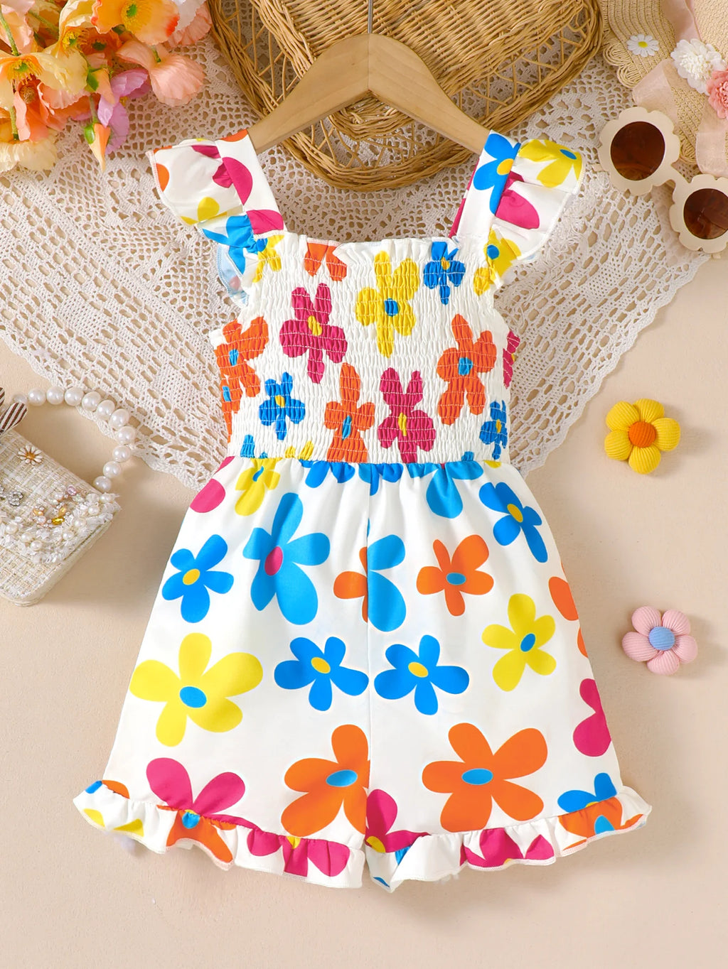 Girls Floral Print Jumpsuit with Puffy Sleeves And Butterfly Knot Lace Hem for Summer Outdoor Scenarios
