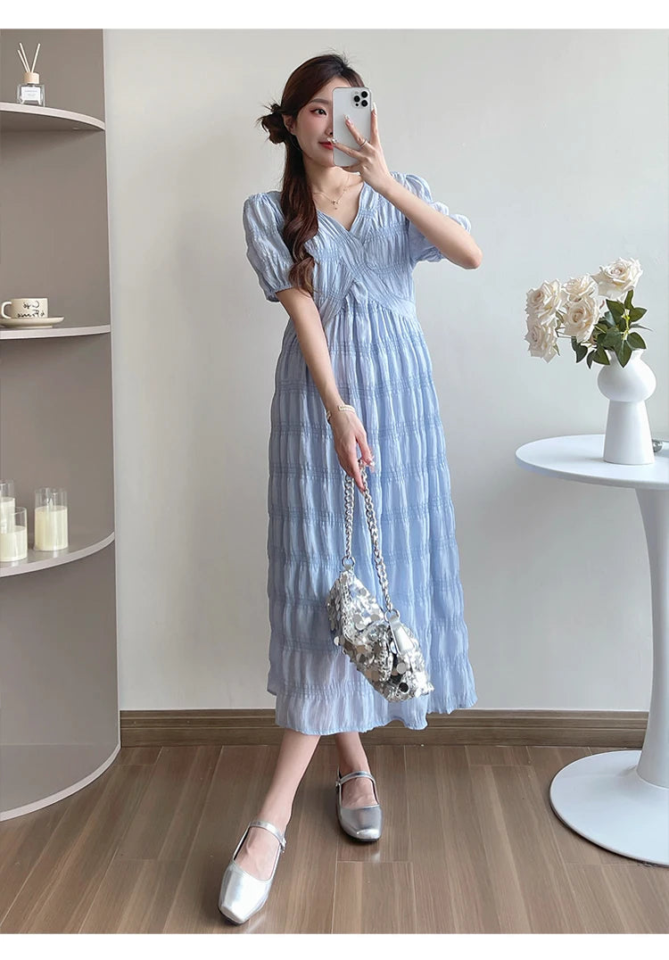 French Style Summer Maternity Pleated Dress High Waist V-neck Short Sleeve Pregnant Woman Elegant Dress Pregnancy Clothes Loose