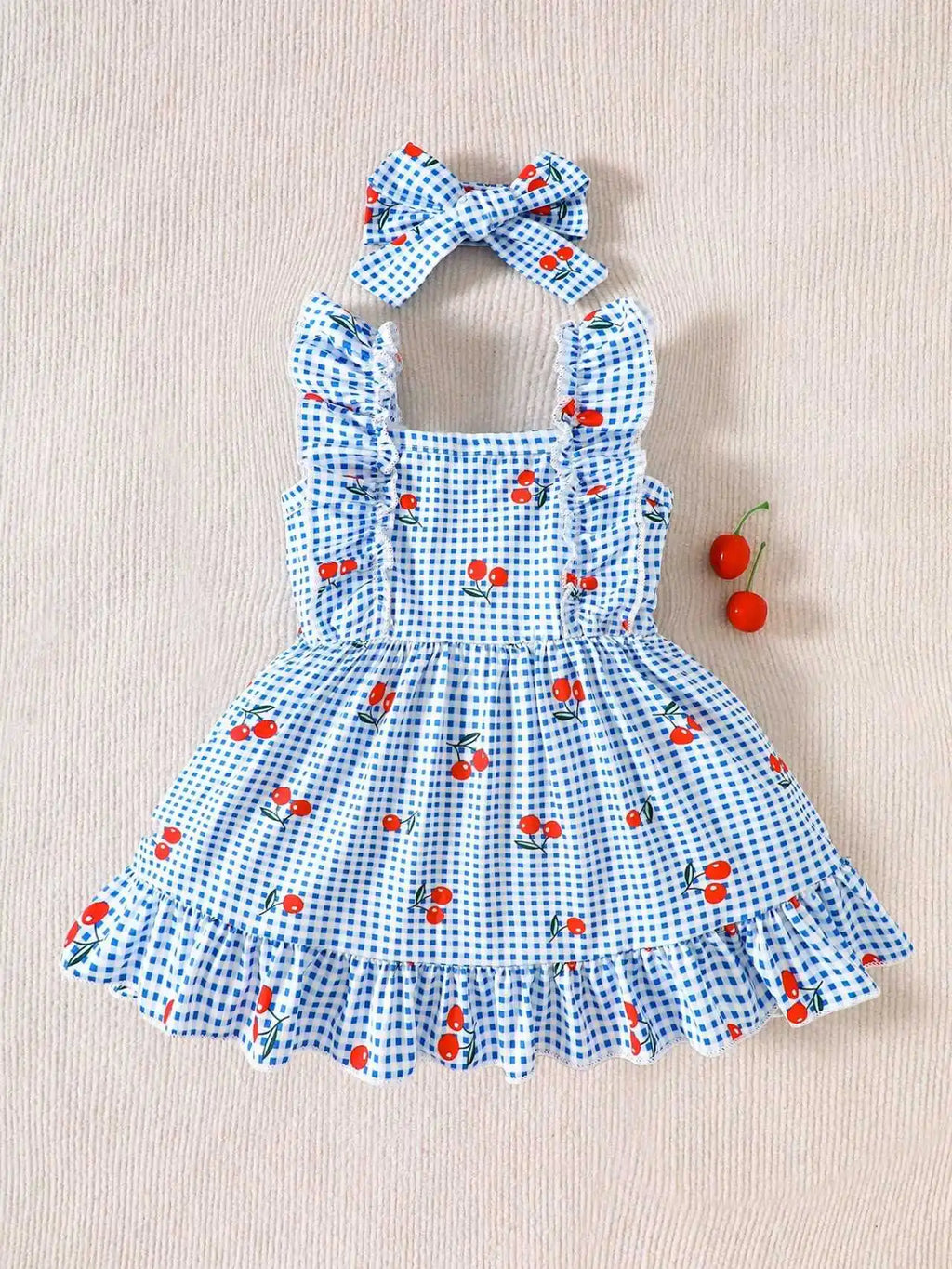 2-piece set of newborn baby girl pink cartoon strawberry plaid printed dress, cute, sweet, fresh bow headband, 0-3 months old, s
