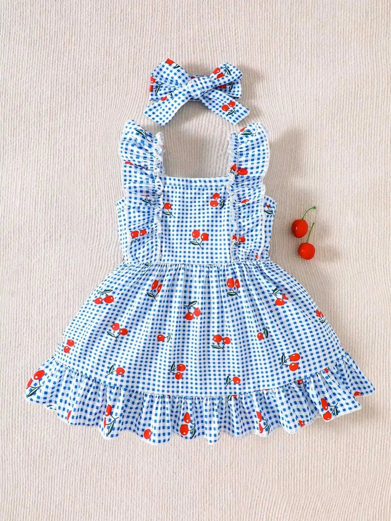 2-piece set of newborn baby girl pink cartoon strawberry plaid printed dress, cute, sweet, fresh bow headband, 0-3 months old, s