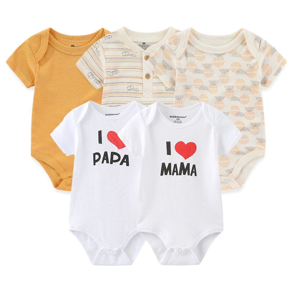 5-Pack Cartoon Baby Boy Girl Bodysuits Summer Short Sleeve Newborn Unisex Onesies I Love PAPA MAMA Infant Clothes 0-12 Months