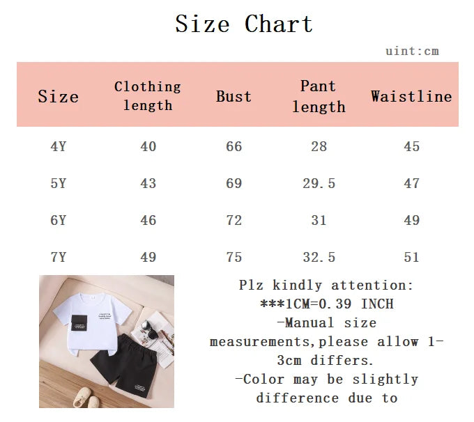 Children's Boys leisure Set Round Neck Letter Printed Top+Black Shorts Set 4-7 Year Old Boys' Summer Sports and Leisure Set