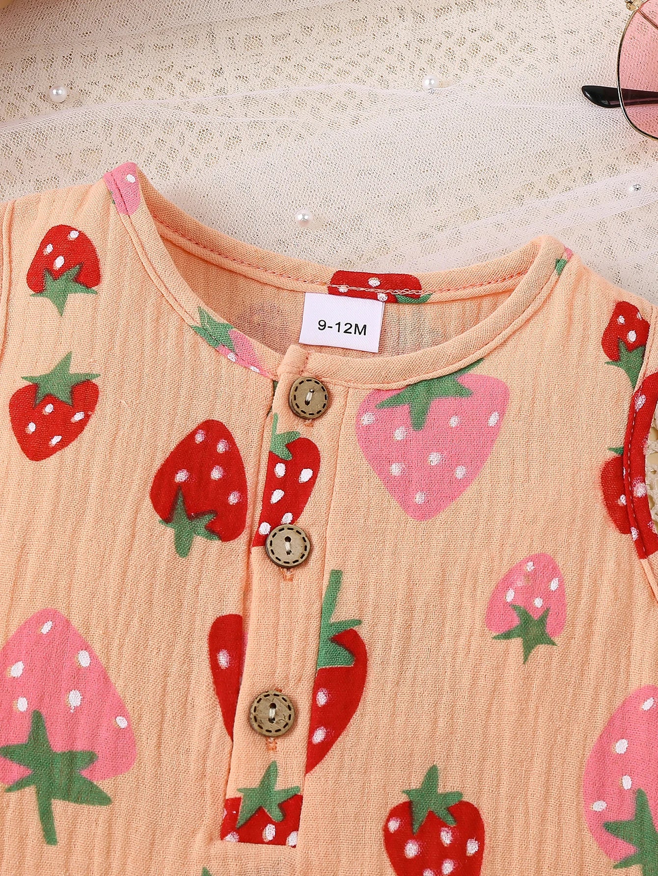 Summer Fashion Baby Girl Striped Triangle Jumpsuit Sleeveless Front Open Chest Full Print Strawberry Pattern Cute Baby Outfit