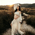 Bohemian Maternity Chiffon 2 Piece Photoshoot Dress Baby Shower Maxi Dresses Off Shoulder Lantern Sleeve Ruched Slit Outfit