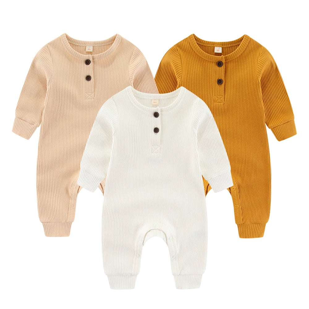 Unisex Infant Jumpsuit Set 3-Piece Solid Color Long Sleeve Rompers 0-24 Months For Babies