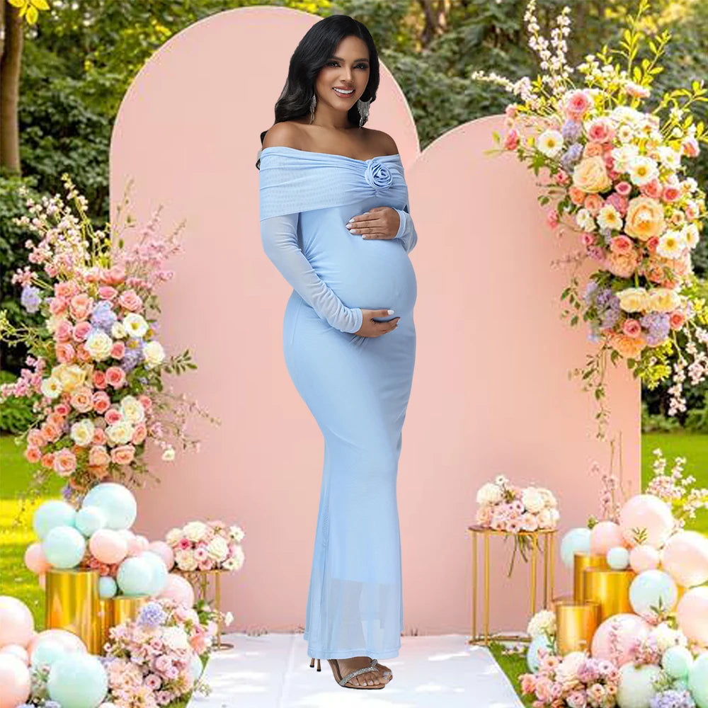 Maternity 3D Floral Off Shoulder Long Sleeve Mesh Long Dress Elegant Fitted Gown for Baby Shower Photoshoot