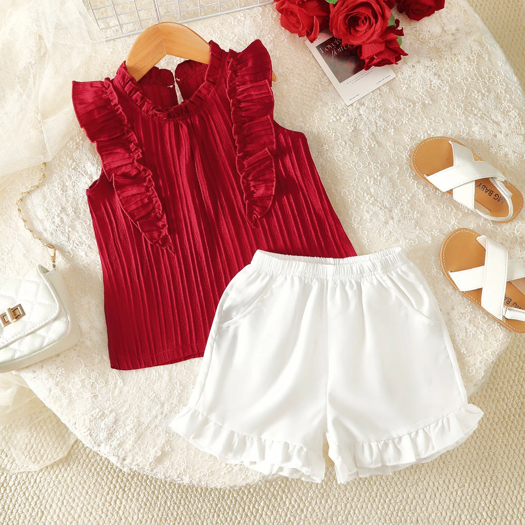 2Pcs Girls' Small Stand Collar Ruffle Sleeveless+Shorts Set Suitable for 4-7 Year Girls Summer Fashion Set children's clothing