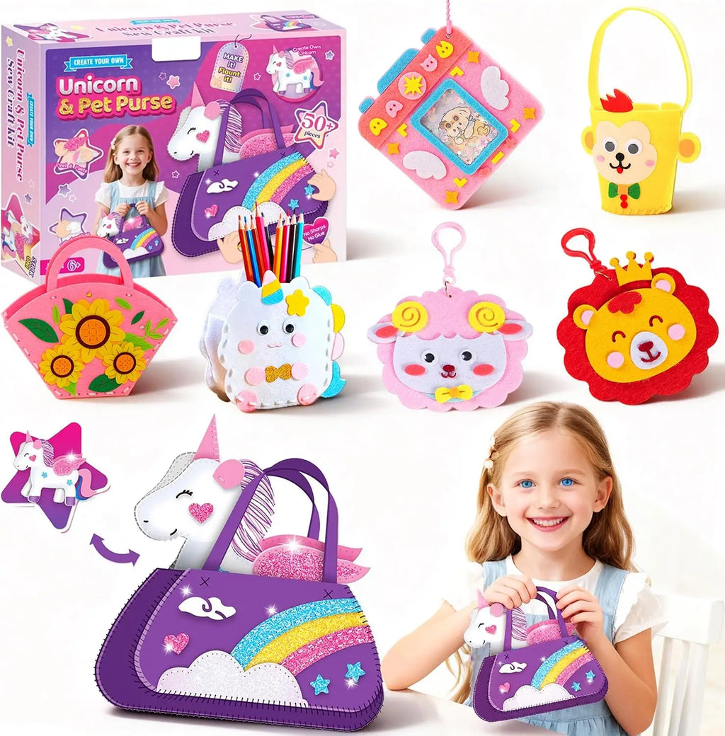 Art Craft Supplies, Learn to Sew Embroidery Kit for Unicorn Purse Bags Picture Frame Pen Holder, DIY Felt Craft Gifts