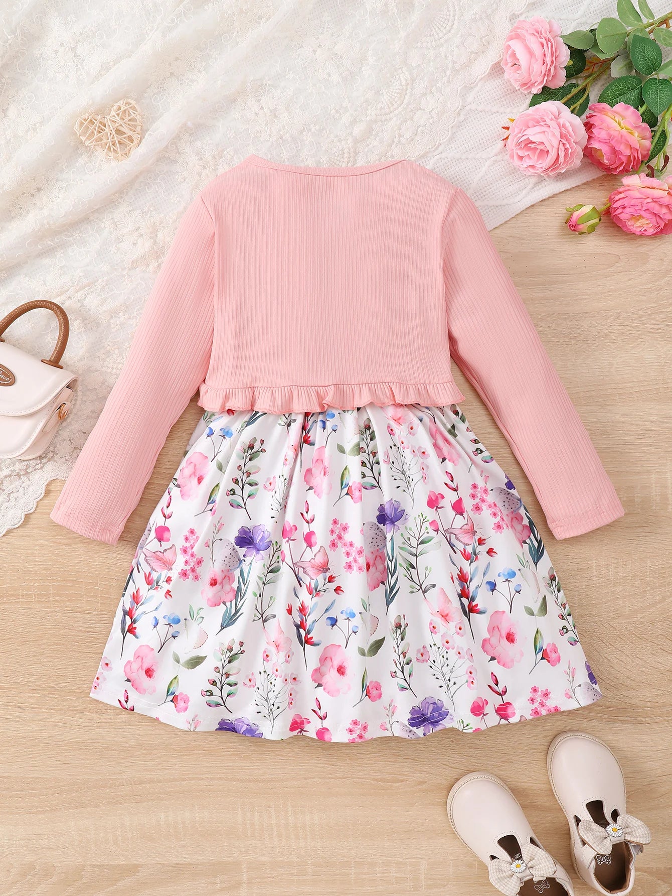 4-7 Year old Girls' Round Neck Floral Sleeveless Dress+Pink Long Sleeved Shawl 2Pcs/Set Girls' Spring and autumn Fashion Dress
