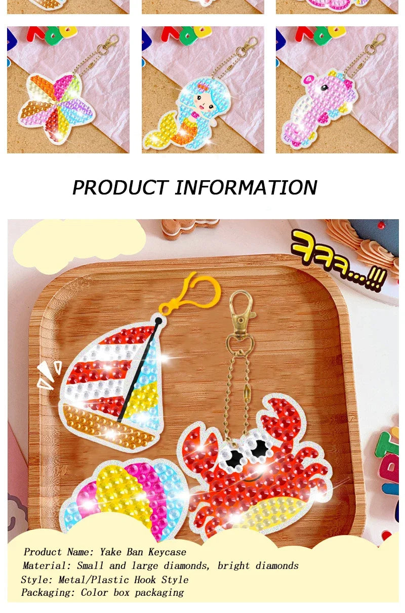 15 Piece Diamond Painting Handicraft Set for Children's Handmade DIY Mermaid Animal Keychain as a Gift for Children's