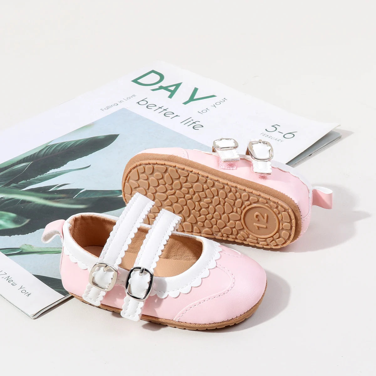 0-18 Months Infant Pre-walker Shoes, Scalloped Lace Trim Dual Buckle Strap Soft Non-slip Rubber Sole Indoor Baby Mary Jane Shoes