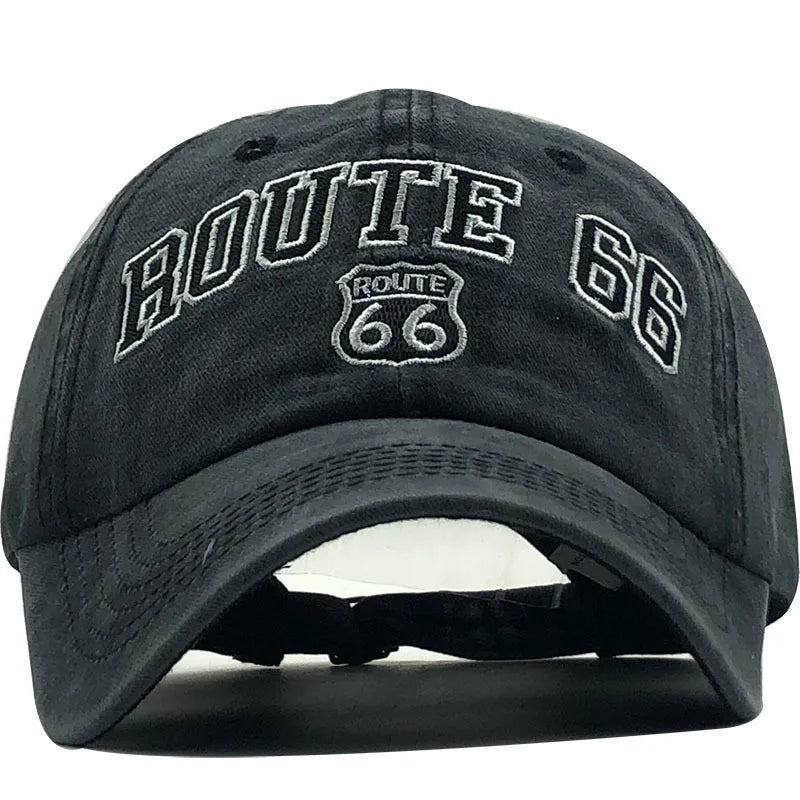 Summer New Pure Cotton Distressed Washed Baseball Cap66Highway Embroidered Duckbill Cap European and American Style Sunshade Hat