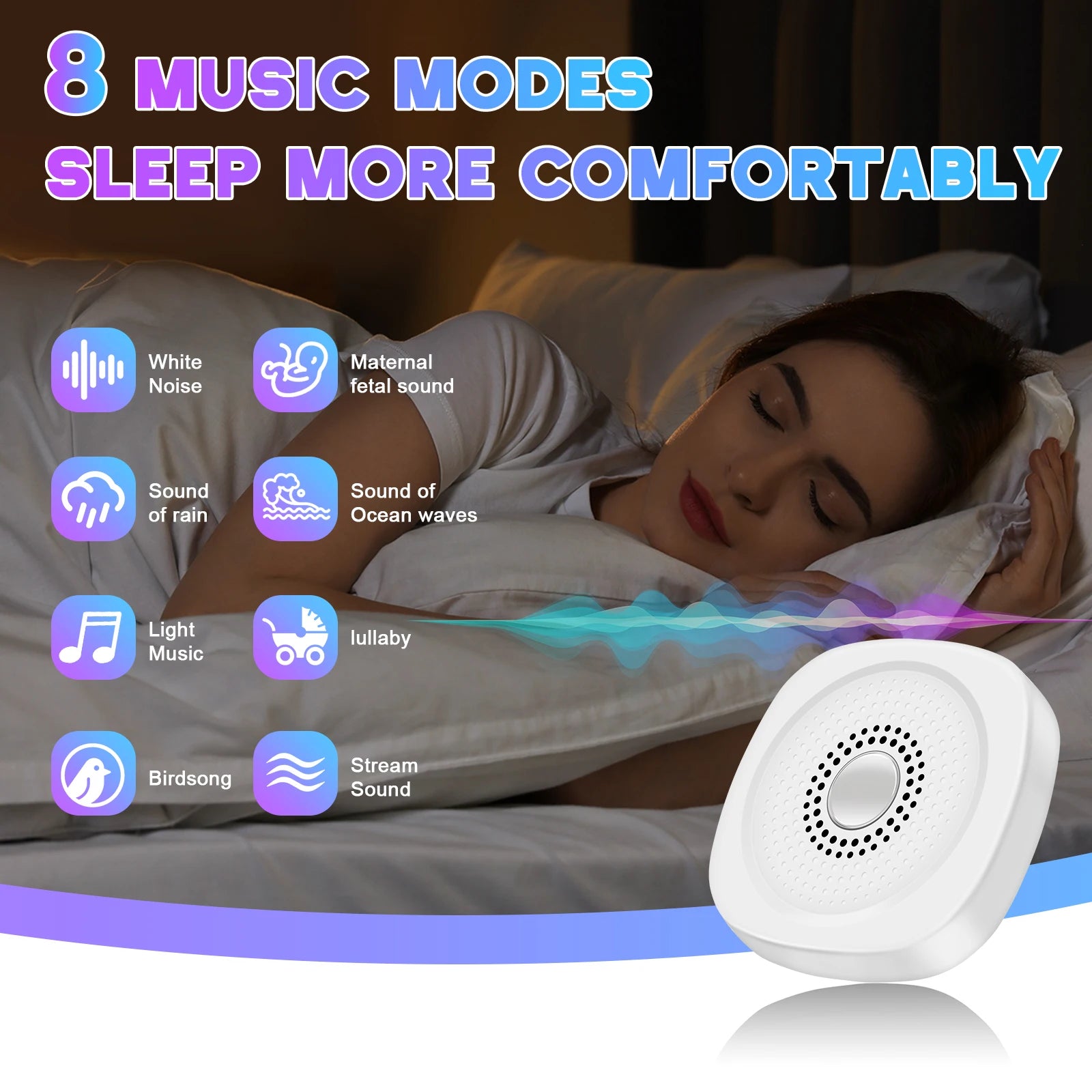 White Noise Sound Machine Portable Baby Timer Sleep Machine Sleep Aid Device with 8 Soothing Sounds for Adult Elder Insomnia