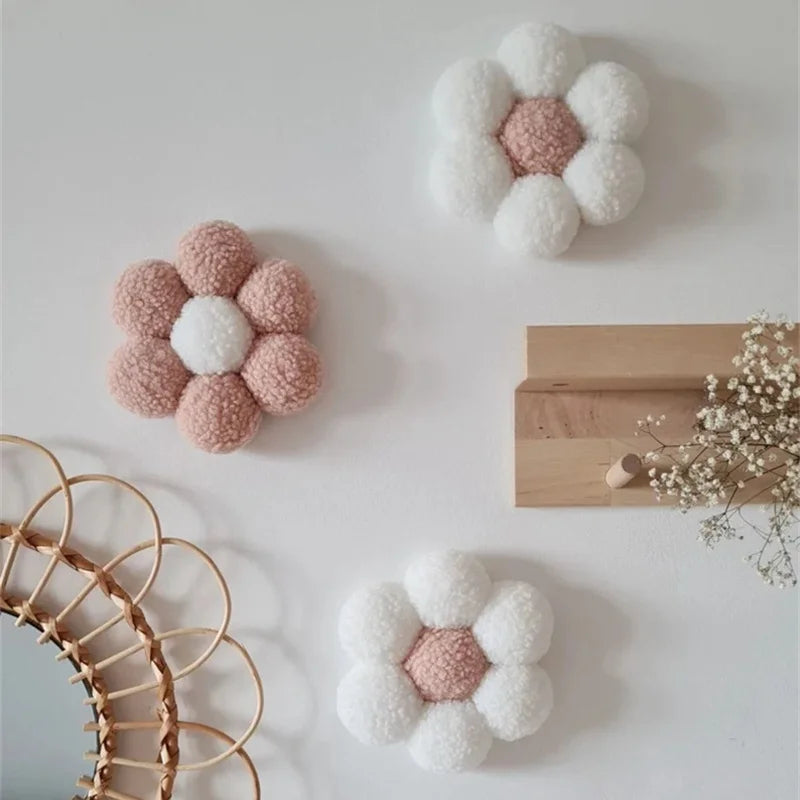 Ins Boho Handmade Macrame Daisy Flower Pompom Pink Wall Decor Nordic Yarn Sticker for Kids Room Nursery Ornament Photo Props