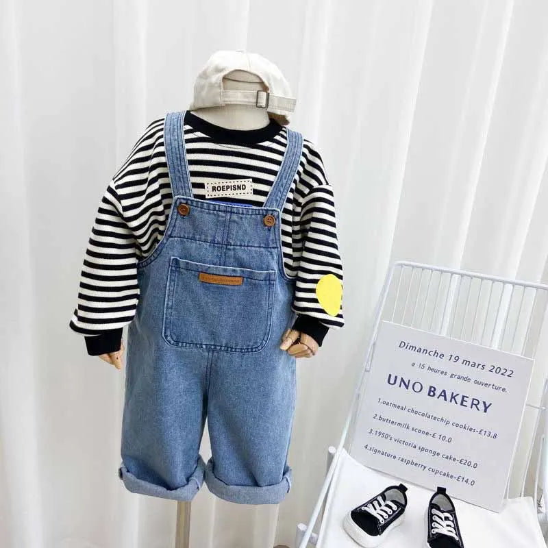 Kids Backpack Pants Summer Children's Solid Color Denim Jumpsuit Spring Autumn New Boys Girls Simple Fashion Trousers 2-8 Years
