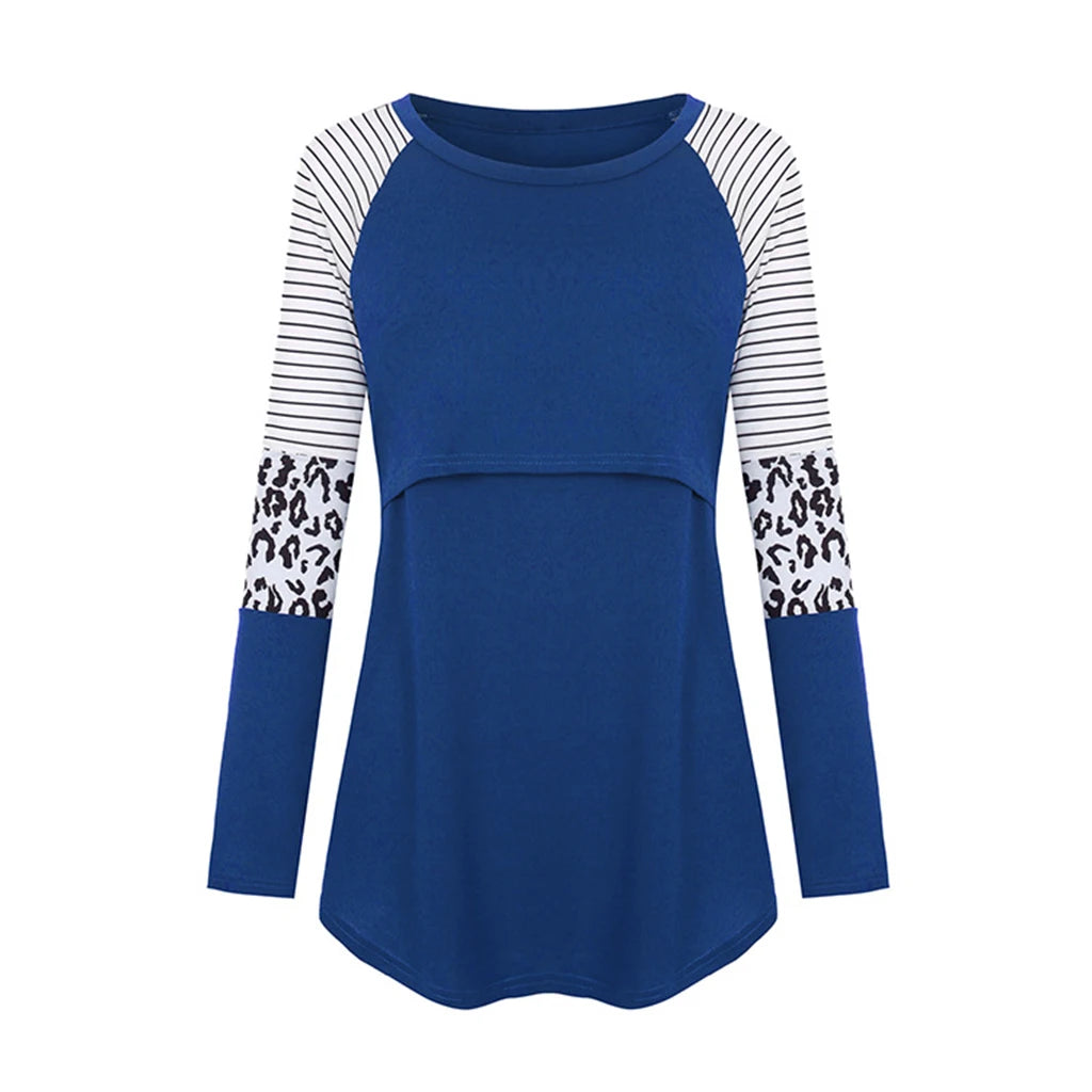 Women Maternity Long Sleeve Nursing Patchwork Color Tops Breastfeeding Blouse