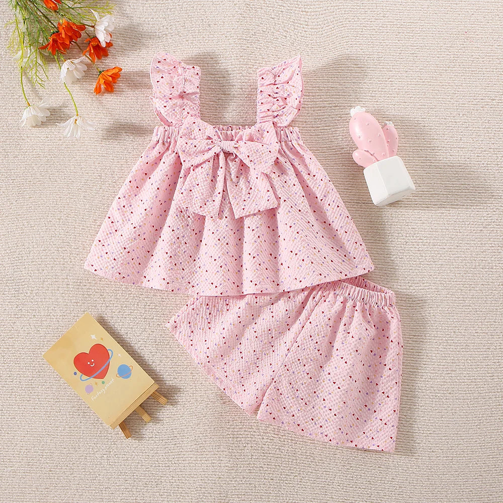 2pc/Set Baby Girl Set Summer Love Polka Dot Bow Top Shorts Girls' Clothing Cute Beach Children's Set