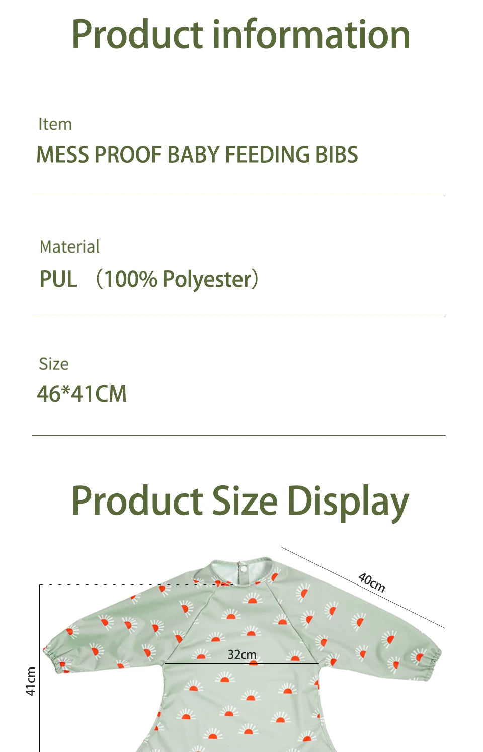 Elinfant New 1 Pc Table Use Polyester Waterproof Fashion Printed Snap Buttons Design Long Sleeve Mess Proof Baby Feeding Bib