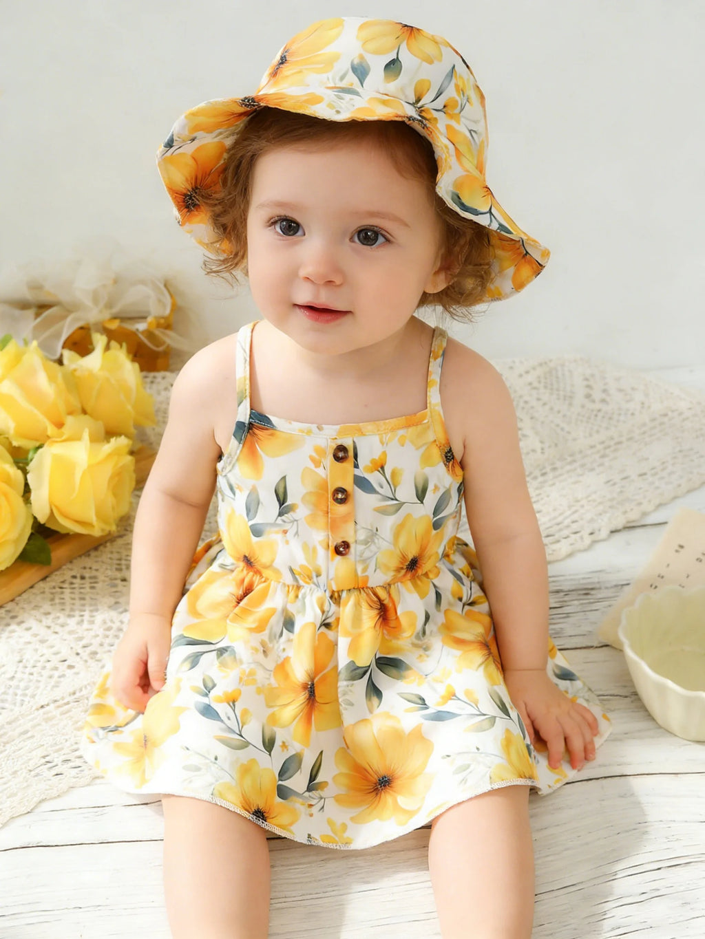 2pcs Summer Baby Girls Yellow Floral Dress Set, Cute Spaghetti Strap Sundress + Bucket Hat, Sweet Style, Daily/Beach Wear, 0-18M