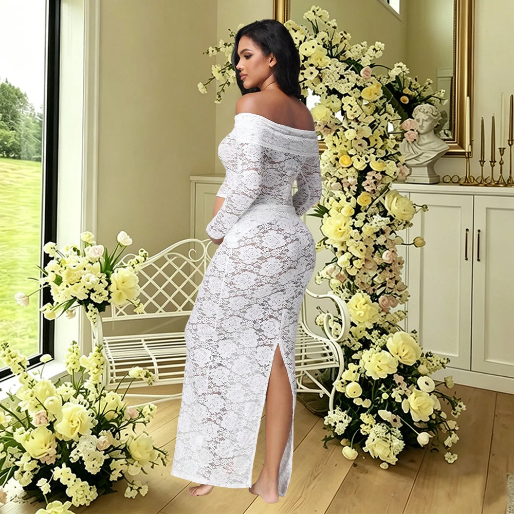 Maternity 2 Piece Outfits Dress Off Shoulder Long Sleeve See-Through Lace Top and Back Split Skirt for Baby Shower Photoshoot