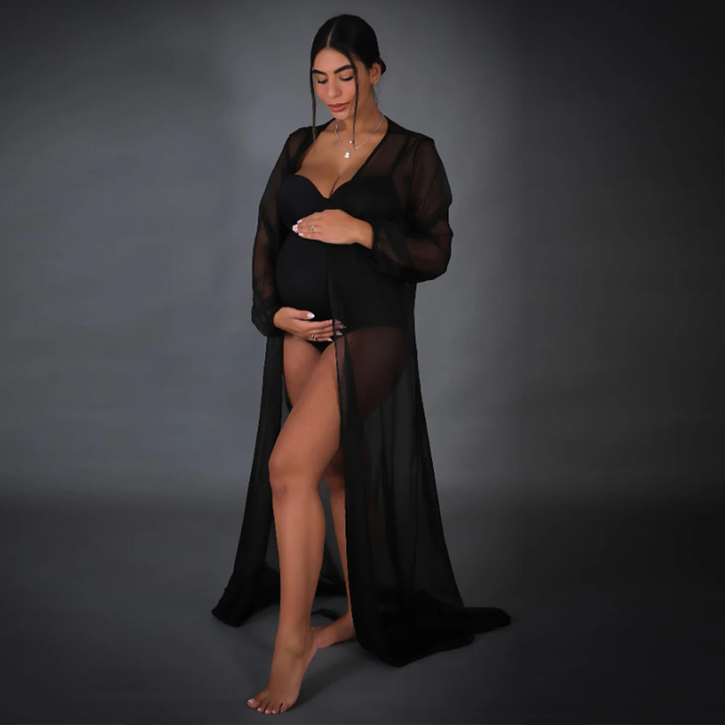 Maternity Photography Dress Lantern Sleeves Sexy Tulle See-through Robe For Baby Shower Pregnant Photo Prop Maxi Gown
