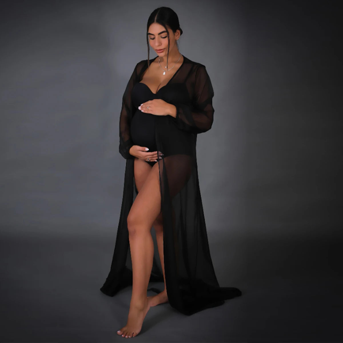 Maternity Photography Dress Lantern Sleeves Sexy Tulle See-through Robe For Baby Shower Pregnant Photo Prop Maxi Gown