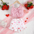 Summer Girls' Set Camisole Bow Top Heart-shaped Printed Shorts Two-piece Set 4-7 Year Girls' Fashion Set Children's clothing