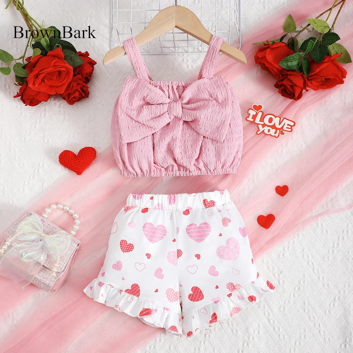Summer Girls' Set Camisole Bow Top Heart-shaped Printed Shorts Two-piece Set 4-7 Year Girls' Fashion Set Children's clothing