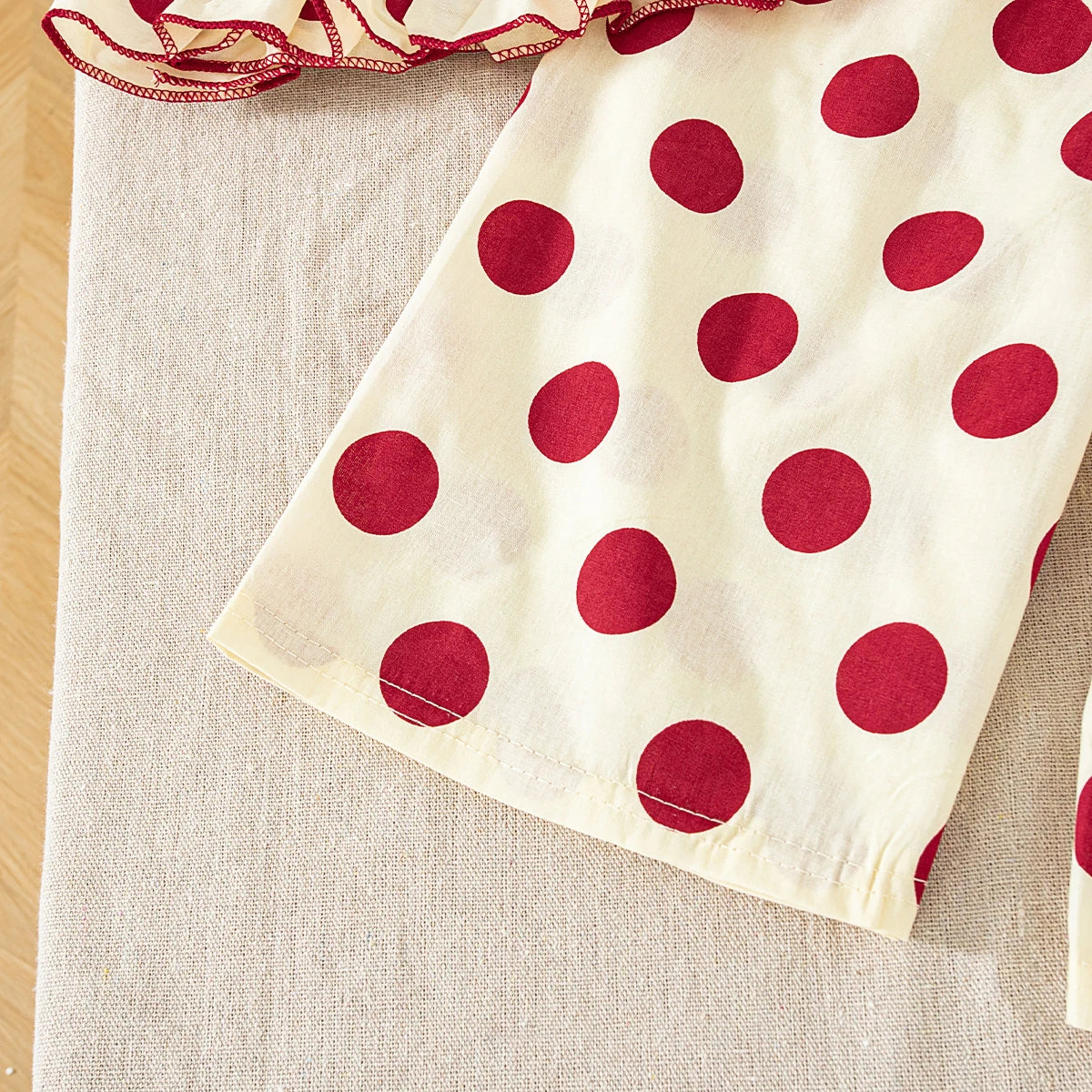 Children's Top and Bottom Clothes Set Summer Cute Cartoon Red Shirt with Comfortable Breathable Polka Dot Baby Girl Pants Outfit