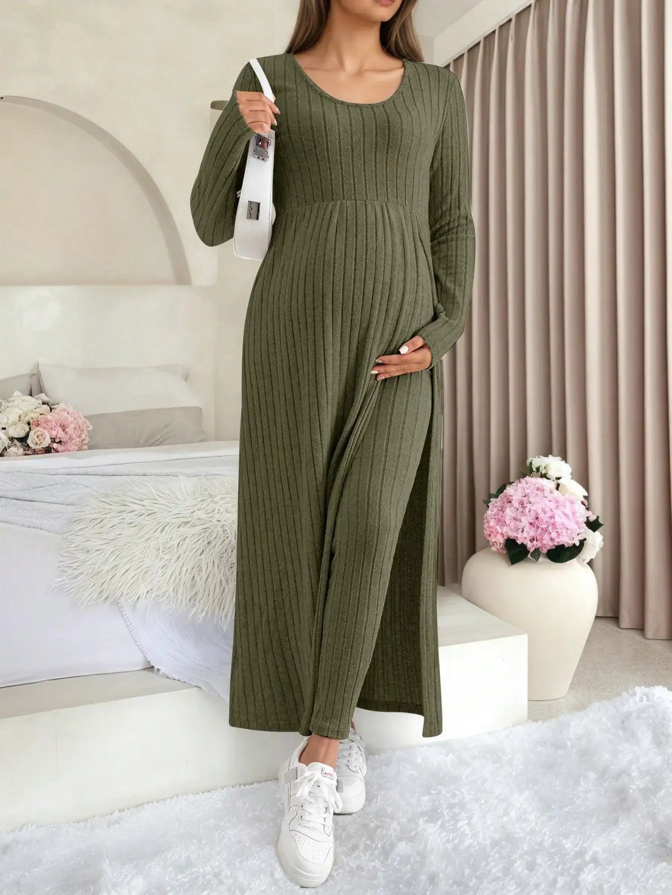 Maternity Women's Two Piece Sets and Outfits Long Sleeve Soft Ribbed Longline Casual Home Lounge Pants Set