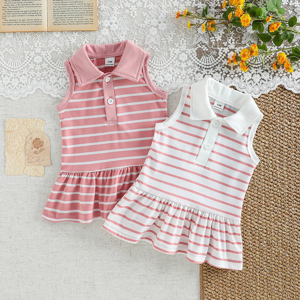 Summer Striped Polo Dress Two-Piece Set, Breathable Sleeveless Design with a Fresh and Adorable Style, Perfect for Baby Girls’ O