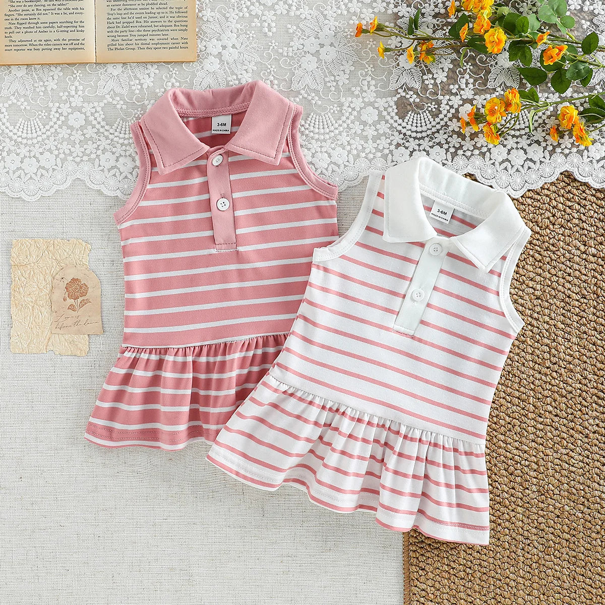 Summer Striped Polo Dress Two-Piece Set, Breathable Sleeveless Design with a Fresh and Adorable Style, Perfect for Baby Girls’ O