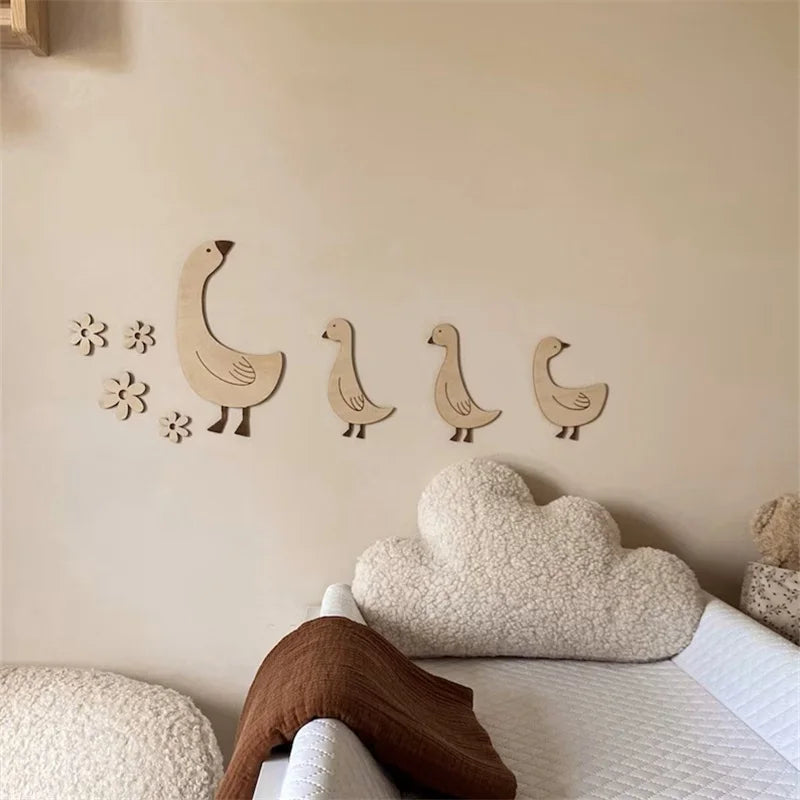 Bohemian Cute Wooden Goose Nursery Wall Decoration, Home Decor for Living Room and Room Walls, Wall Art with Wooden Goose and Flower Wall Stickers, Animal Lover Wall Decoration, Holiday Wall Decoration with Wooden Goose