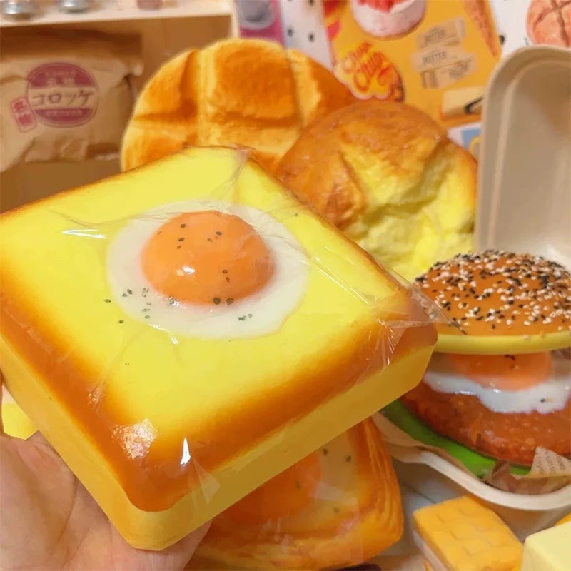3D Realistic Fried Egg Toast Squishy Fidget Toy Slow Rising Stretchable Squeeze Decompression Toy Best Friend Gift for Adults