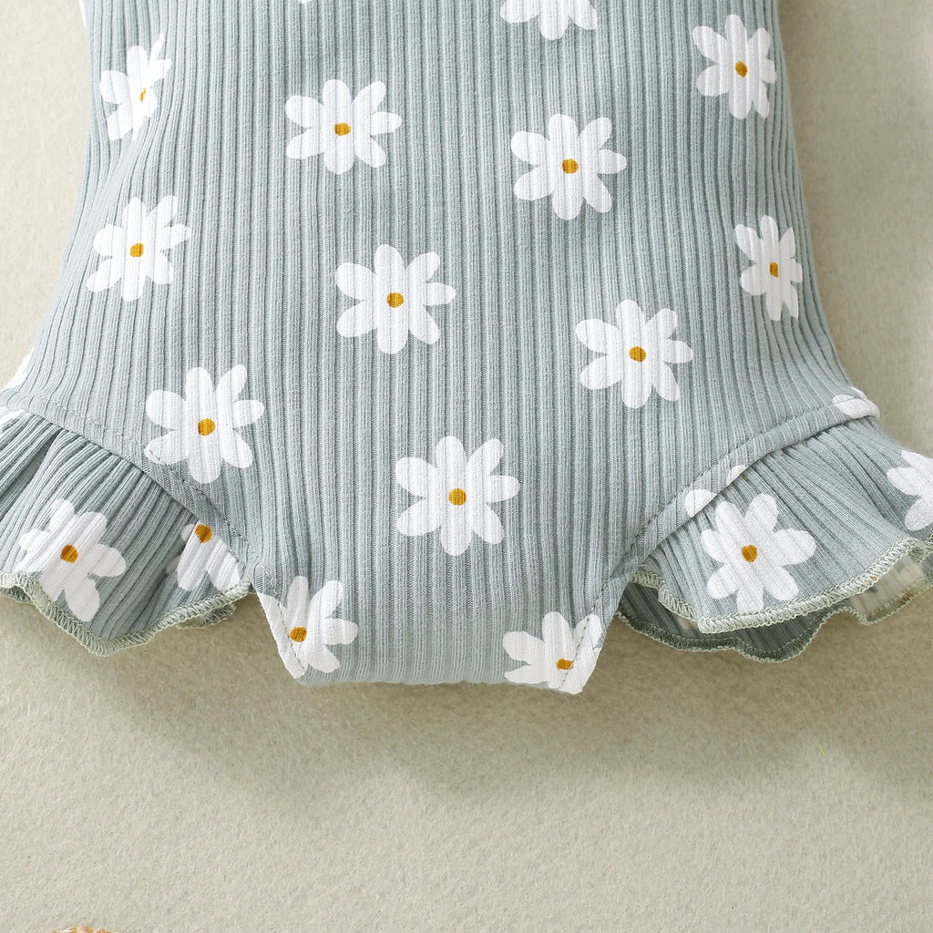 2PCS Summer Girl Crawling clothes Short Sleeve Cotton Short Sleeve  Round Necked Striped Clothes with Flower Printing Headband