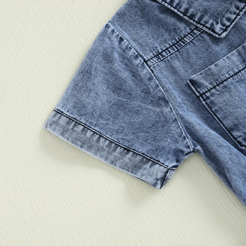 1-5Y Girls Kids Denim Overalls Shorts Short Sleeves Turn Down Collar Button Down Elastic Waist Jean Romper Jumpsuits Clothes