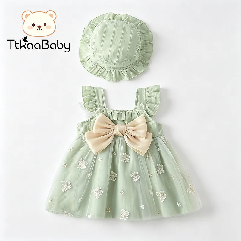 Baby girl bow green flying sleeve mesh fresh girl suspender princess dress two-piece set spring and summer dress