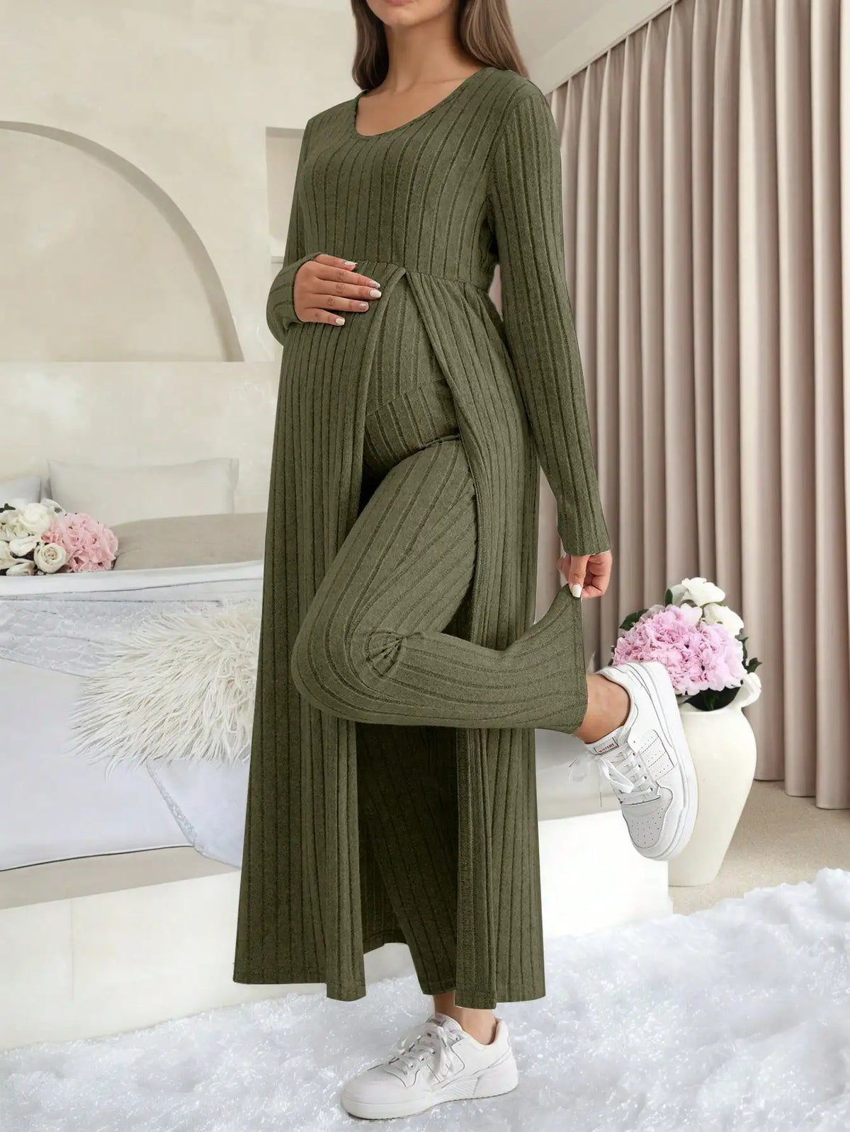 Maternity Two Piece Lounge Set With Long Sleeve Soft Ribbed Fabric For Home And Casual Wear