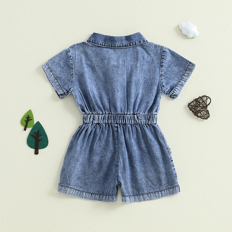 1-5Y Girls Kids Denim Overalls Shorts Short Sleeves Turn Down Collar Button Down Elastic Waist Jean Romper Jumpsuits Clothes