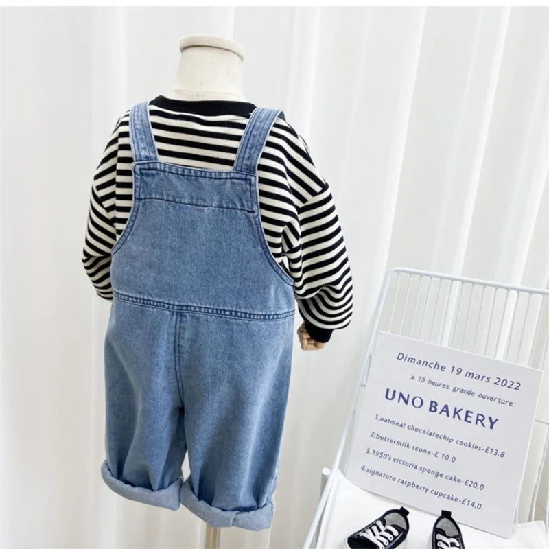 Kids Backpack Pants Summer Children's Solid Color Denim Jumpsuit Spring Autumn New Boys Girls Simple Fashion Trousers 2-8 Years