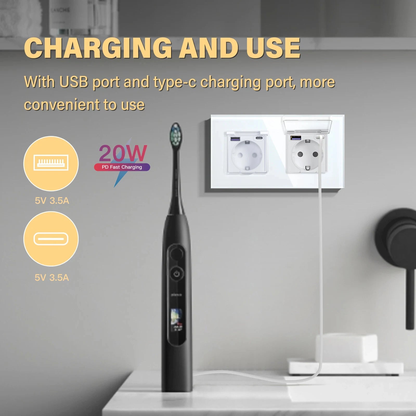 BSEED Sinlge EU Wall Socket With Type-c USB 20W Waterproof Cover Double Triple Power Sockets For Bathroom Outdoors Glass Frames