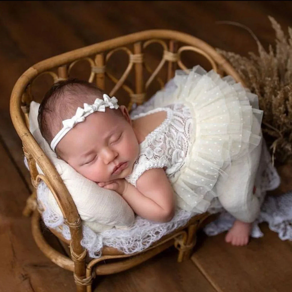 Handmade Baby Bamboo Bench & Bed + Rattan Basket Newborn Photography Props Container for Infant Posing Baby Studio Shooting Use