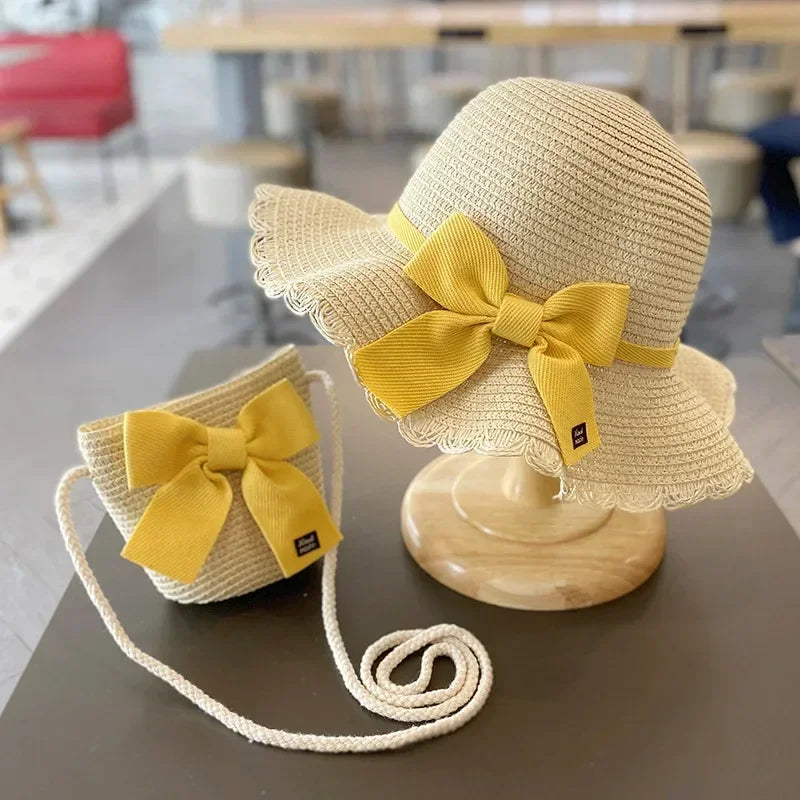 Kids Hat for Girls 2-7Y Straw Children's Sunshade Cap Bag Summer Baby Travel Sunscreen Beach Hat Sun Fisherman Cap Fashion Style