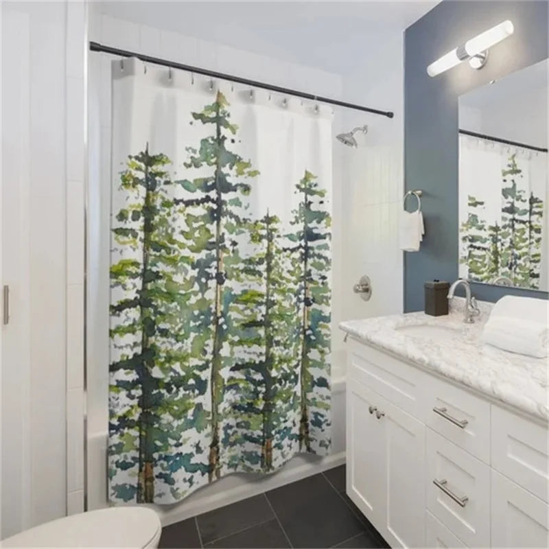 3D Digital Printed Shower Curtain, Thickened Waterproof Bathroom Curtain, Evergreen Tree Pattern Shower Curtain, Abstract Watercolor Tree, Waterproof and Anti-Fog Shower Curtain, No-Drill Set Bathroom Curtain
